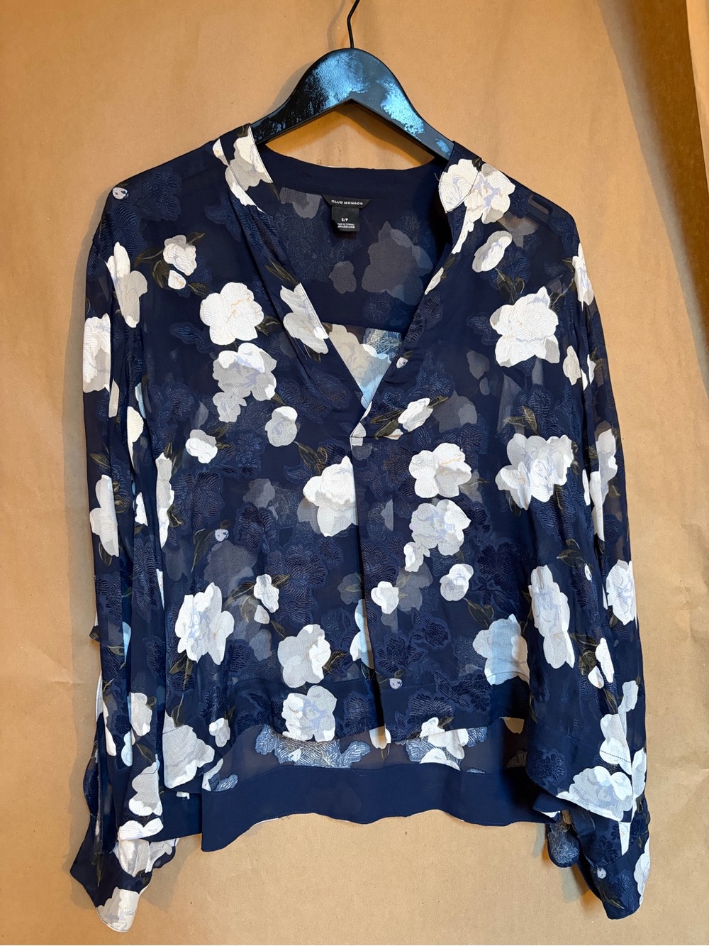 Club Monaco Navy and White Floral V-Neck Blouse